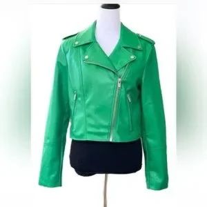 SPRING SALE!!7 FAM Green Vegan Leather Moto Jacket. Sml